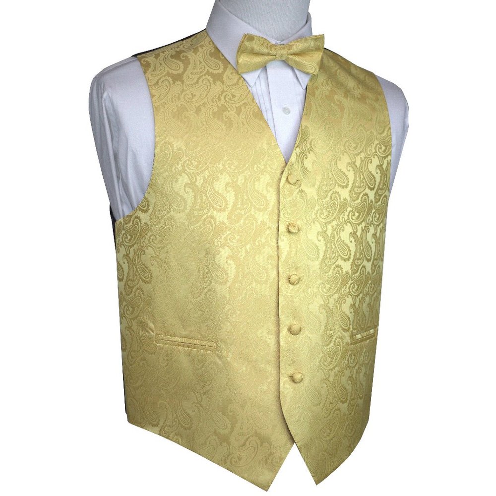Men's Formal Wedding Prom Homecoming Tuxedo Vest Bow-Tie Hankie - Gold Paisley
